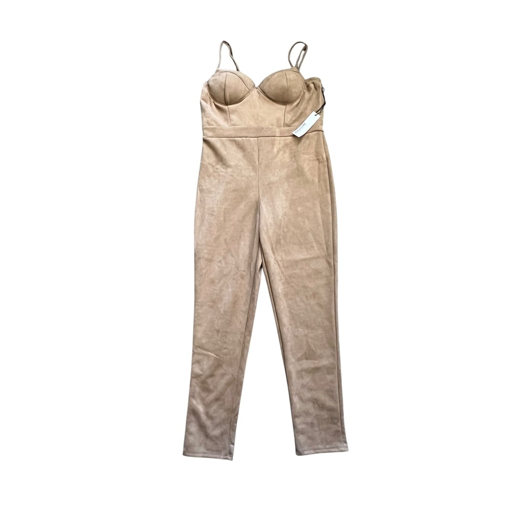 NWT Haute Monde Faux Suede Bustier Jumpsuit Tan Camel Sweetheart Skinny Leg L